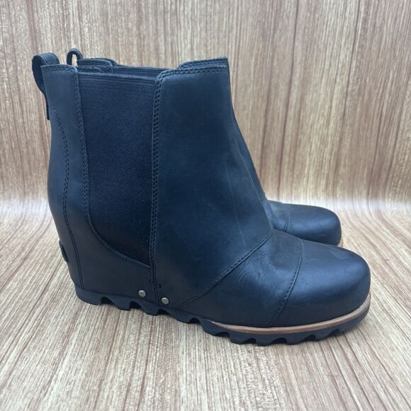 Sorel Lea Black Leather WP Wedge Chelsea Ankle Boots Booties Women’s Size 7 M - Picture 1 of 9
